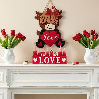 Glitzhome 14"L Valentine's Wooden House/Brush Trees LOVE Table Decor