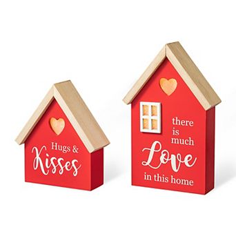 Glitzhome warming Set of 2 Lighted Valentine's Wooden House-shaped Table Decor