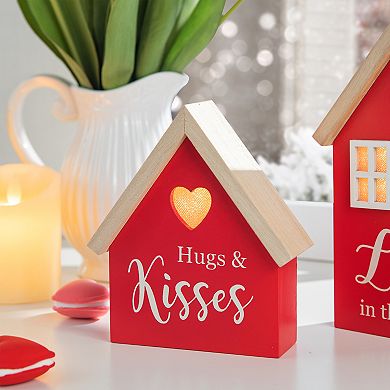 Glitzhome warming Set of 2 Lighted Valentine's Wooden House-shaped Table Decor