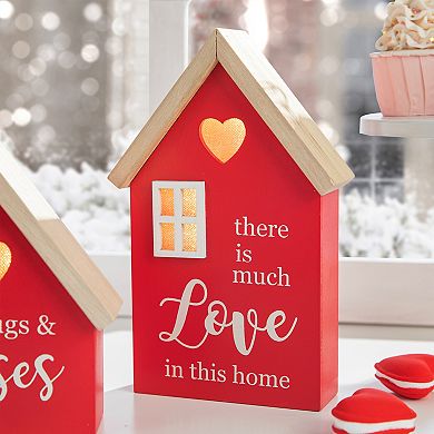 Glitzhome warming Set of 2 Lighted Valentine's Wooden House-shaped Table Decor