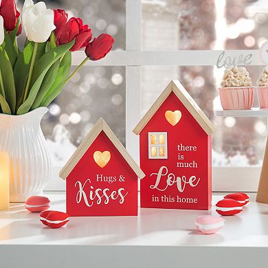 Glitzhome warming Set of 2 Lighted Valentine's Wooden House-shaped Table Decor