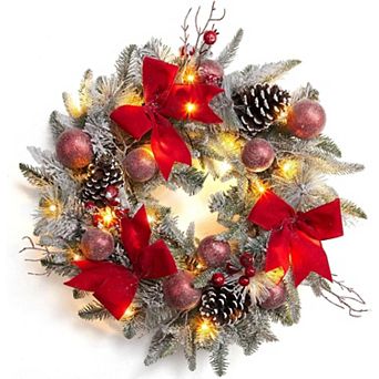 24 Inch Lighted Christmas Wreaths, with 3 Red Bow, 30 LED Lights