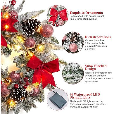 24 Inch Lighted Christmas Wreaths, with 3 Red Bow, 30 LED Lights