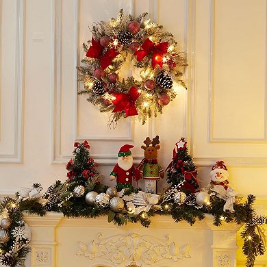 24 Inch Lighted Christmas Wreaths, with 3 Red Bow, 30 LED Lights