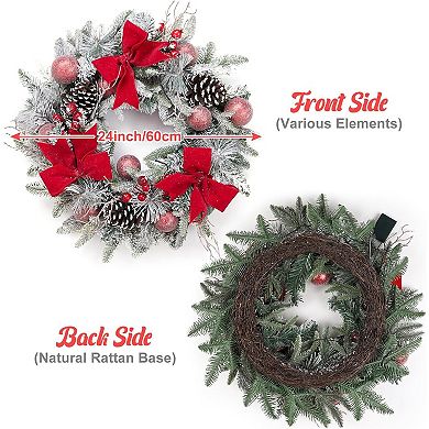 24 Inch Lighted Christmas Wreaths, with 3 Red Bow, 30 LED Lights