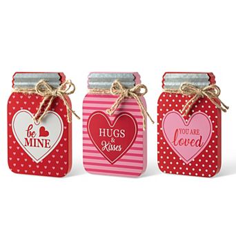 Glitzhome 7"H Durable MDF Set of 3 Valentine's Wooden Mason Jar Table Decor