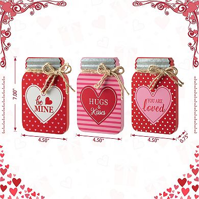 Glitzhome 7"H Durable MDF Set of 3 Valentine's Wooden Mason Jar Table Decor