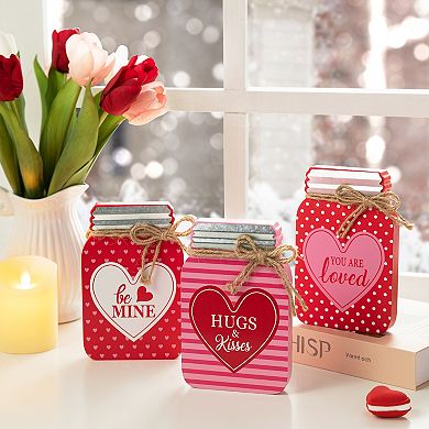 Glitzhome 7"H Durable MDF Set of 3 Valentine's Wooden Mason Jar Table Decor