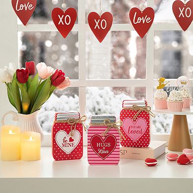 Glitzhome 7"H Durable MDF Set of 3 Valentine's Wooden Mason Jar Table Decor