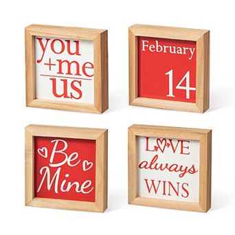Glitzhome 4"H Set of 4 Valentine's Heart-warming Wooden Block Table Decor