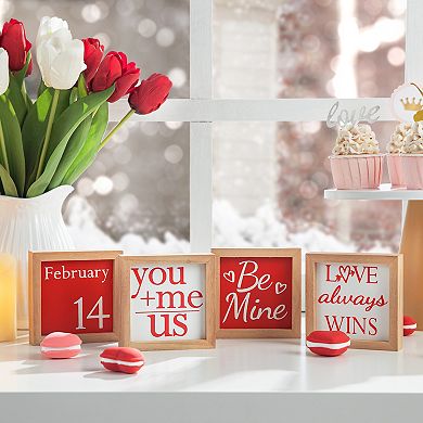 Glitzhome 4"H Set of 4 Valentine's Heart-warming Wooden Block Table Decor