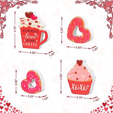 Glitzhome 4.75"H Set of 4 Valentine's Wooden Cup Cakes and Heart Table Decor