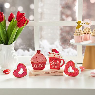 Glitzhome 4.75"H Set of 4 Valentine's Wooden Cup Cakes and Heart Table Decor