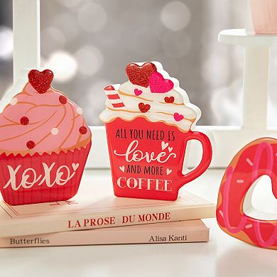 Glitzhome 4.75"H Set of 4 Valentine's Wooden Cup Cakes and Heart Table Decor