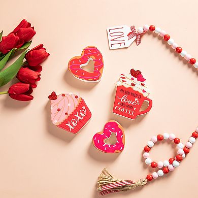 Glitzhome 4.75"H Set of 4 Valentine's Wooden Cup Cakes and Heart Table Decor