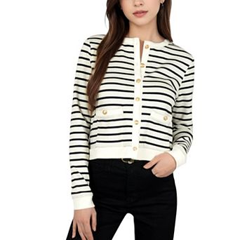 Women's Striped Button-Up Cardigan with Pocket Detail