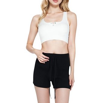 Women's Sweater Knit Shorts with Ribbed Cuffs and Front Drawstring Closure in Soft Midweight Fabric