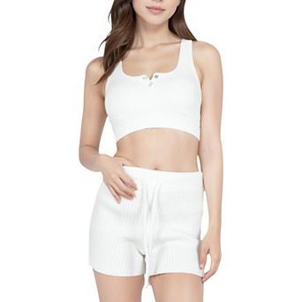 Women's Sweater Knit Shorts with Ribbed Cuffs and Front Drawstring Closure in Soft Midweight Fabric