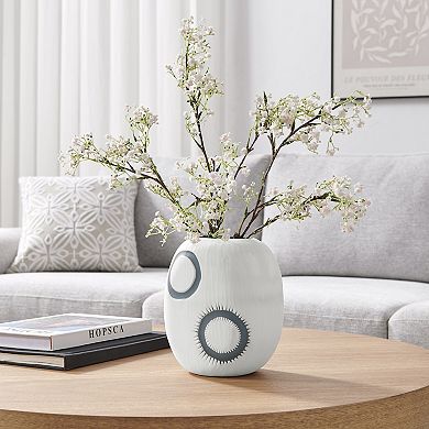 Elara Round Contemporary Matte White and Navy Oval Opening Tabletop Vase