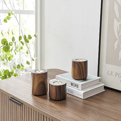 Hemming Modern Walnut Finish Three Piece Tealight Candle Holder Tabletop Decor Set