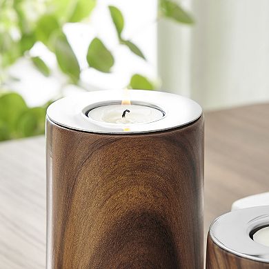 Hemming Modern Walnut Finish Three Piece Tealight Candle Holder Tabletop Decor Set