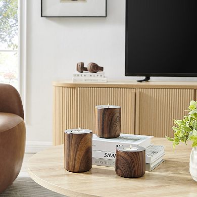 Hemming Modern Walnut Finish Three Piece Tealight Candle Holder Tabletop Decor Set