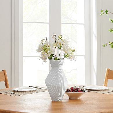 Eos Minimal White Contemporary Ribbed Angular Ceramic Tabletop Vase