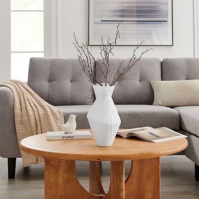 Eos Minimal White Contemporary Ribbed Angular Ceramic Tabletop Vase