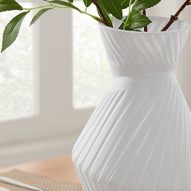Eos Minimal White Contemporary Ribbed Angular Ceramic Tabletop Vase