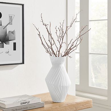 Eos Minimal White Contemporary Ribbed Angular Ceramic Tabletop Vase