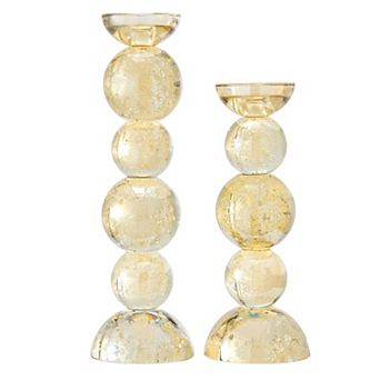 Enya Champagne Gold Tint Bubble Glass Stacked Orb Pillar Candle Holder Set of 2