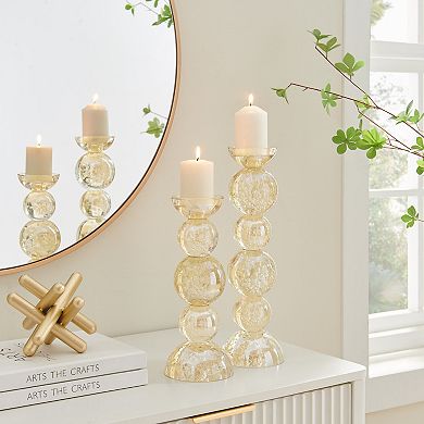 Enya Champagne Gold Tint Bubble Glass Stacked Orb Pillar Candle Holder Set of 2