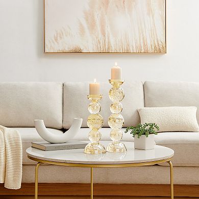 Enya Champagne Gold Tint Bubble Glass Stacked Orb Pillar Candle Holder Set of 2