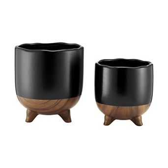 Milo Modern Mortar Two Tone Flower Pot Planter Cachepot Set of 2 Sizes - Black and Walnut