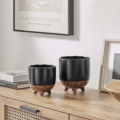 Milo Modern Mortar Two Tone Flower Pot Planter Cachepot Set of 2 Sizes - Black and Walnut