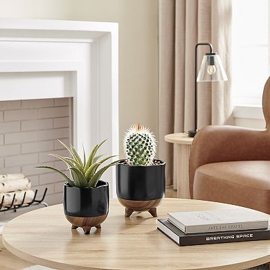 Milo Modern Mortar Two Tone Flower Pot Planter Cachepot Set of 2 Sizes - Black and Walnut