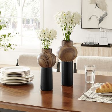 Milo Slickpin 2 Piece Modern Two Tone Tabletop Vase Set - Black and Walnut