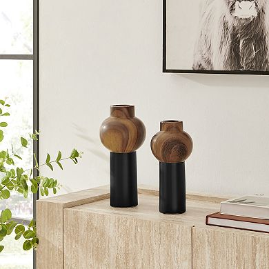 Milo Slickpin 2 Piece Modern Two Tone Tabletop Vase Set - Black and Walnut