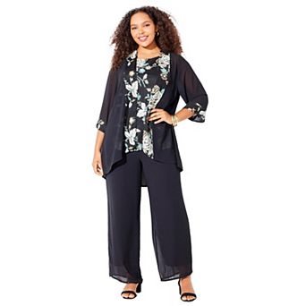 Catherines Women's Plus Size Lightweight Embroidered Sequin Pant Set