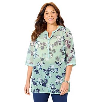 Catherines Women's Plus Size Y-Neck Half Placket Blouse