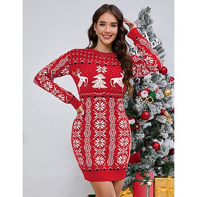 Women's Ugly Christmas Sweater Long Sleeve Round Neck Slim Mini Dress