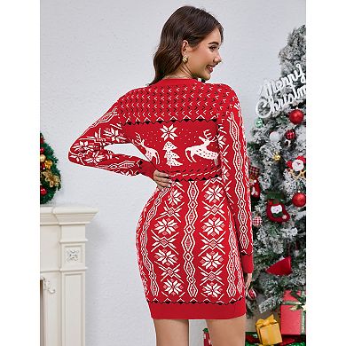 Women's Ugly Christmas Sweater Long Sleeve Round Neck Slim Mini Dress