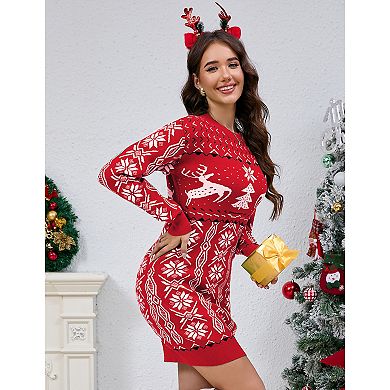 Women's Ugly Christmas Sweater Long Sleeve Round Neck Slim Mini Dress