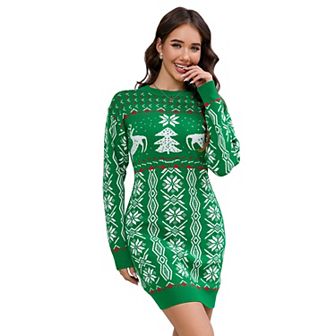 Women's Ugly Christmas Sweater Long Sleeve Round Neck Slim Mini Dress