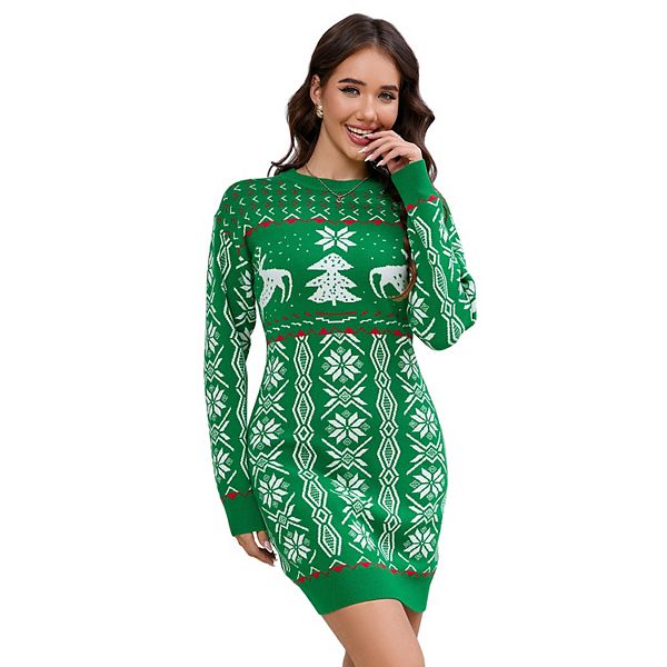 ugly sweater dress christmas Women's Ugly Christmas Sweater Long Sleeve Round Neck Slim Mini Dress