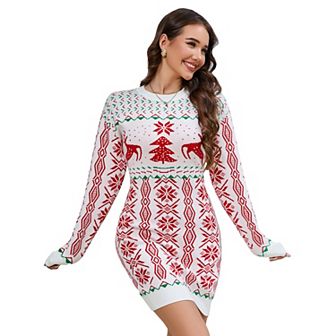 Women's Ugly Christmas Sweater Long Sleeve Round Neck Slim Mini Dress