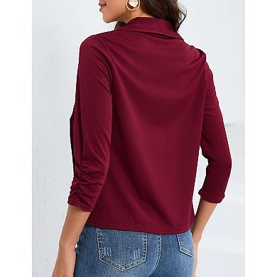 Women's 3/4 Sleeve Blazer Open Front Cardigan Shrugs Ruched Sleeve Office Cropped Blazer Jacket