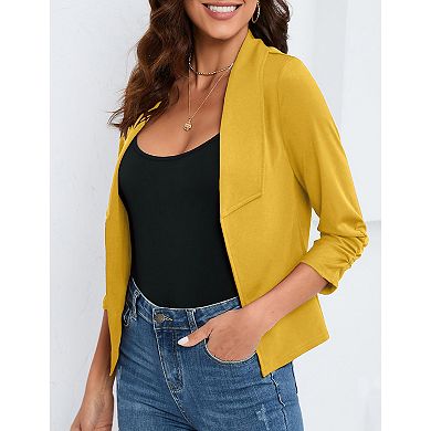Women's 3/4 Sleeve Blazer Open Front Cardigan Shrugs Ruched Sleeve Office Cropped Blazer Jacket