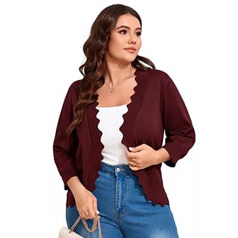 Womens 3/4 Sleeve Knit Cardigan Casual Scallop Hemline Open-Front Shrug Sweaters