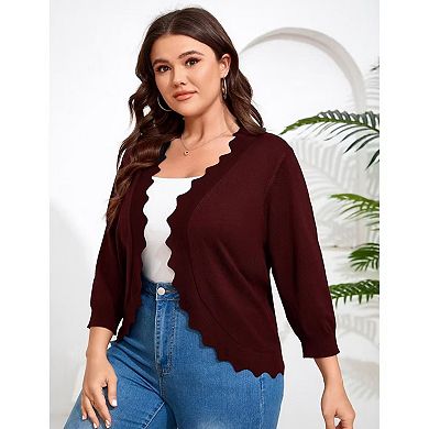 Womens 3/4 Sleeve Knit Cardigan Casual Scallop Hemline Open-Front Shrug Sweaters
